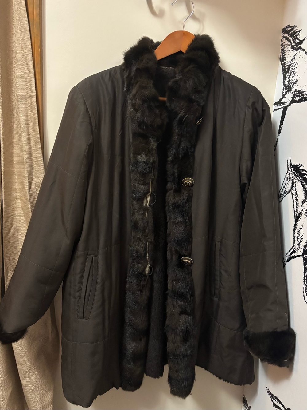 St. John Dark Brown rabbit Fur coat with squirrel Trim Trench Coat